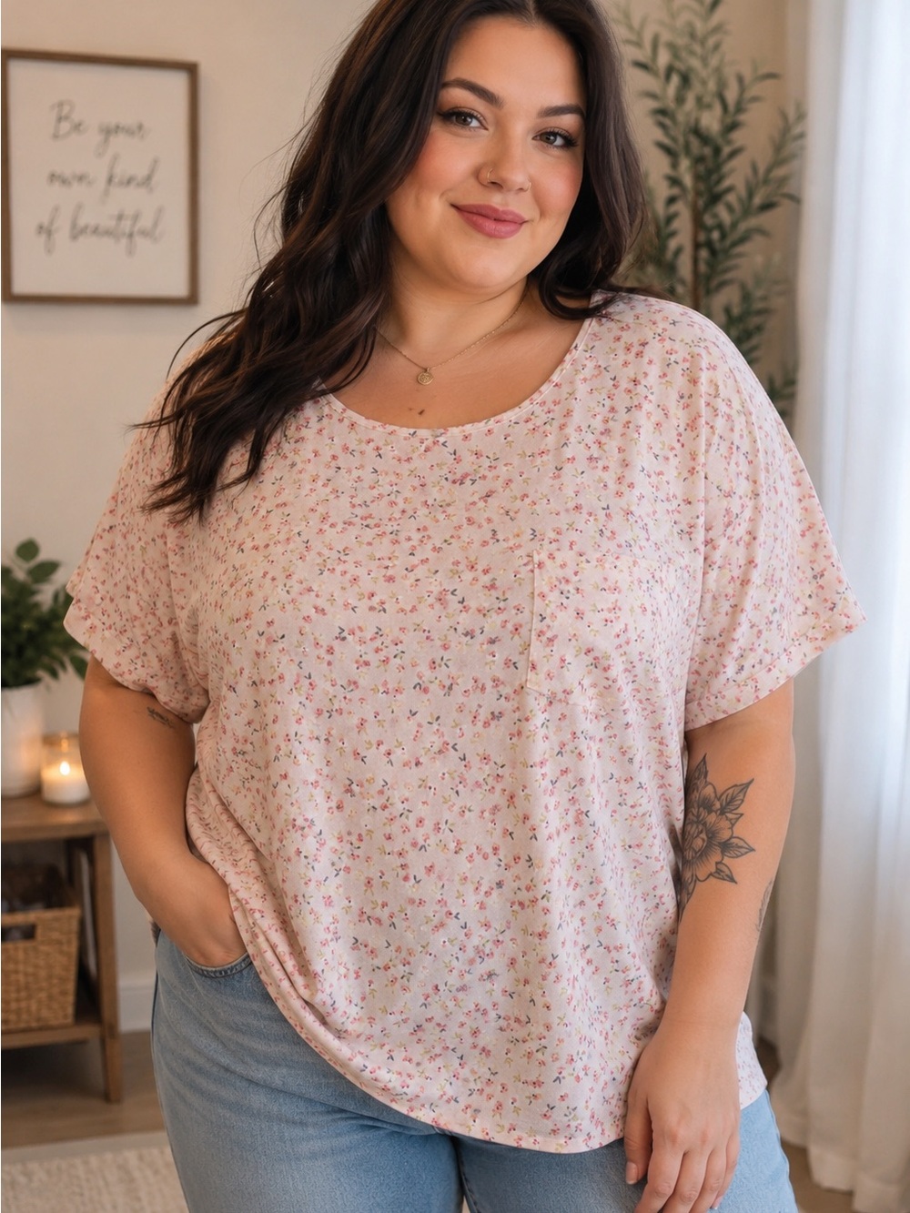 Soft Pink Floral Pocket Tee - Women’s Relaxed Top